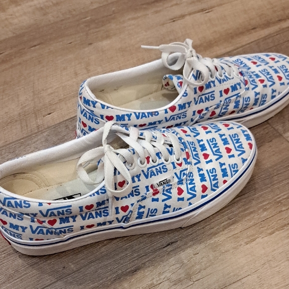 Unisex Vans White and Blue Sneakers with Unique Pattern - Picture 2 of 9